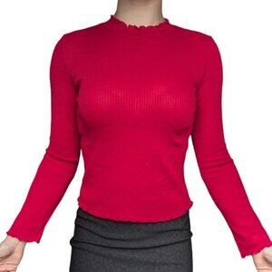 HM Red  Ribbed Long Sleeve Party Top With Frilled Neckline and Sleeves Women M
